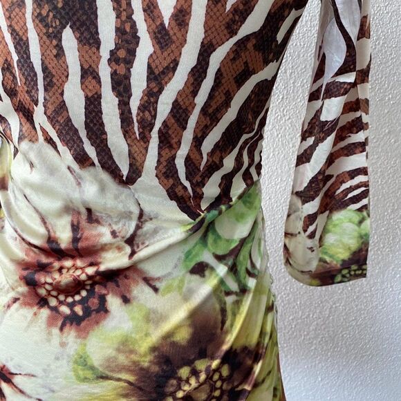 Cache White Brown Animal Stripe Floral Beaded Ruched Y2K Jersey SZ S - Picture 8 of 14